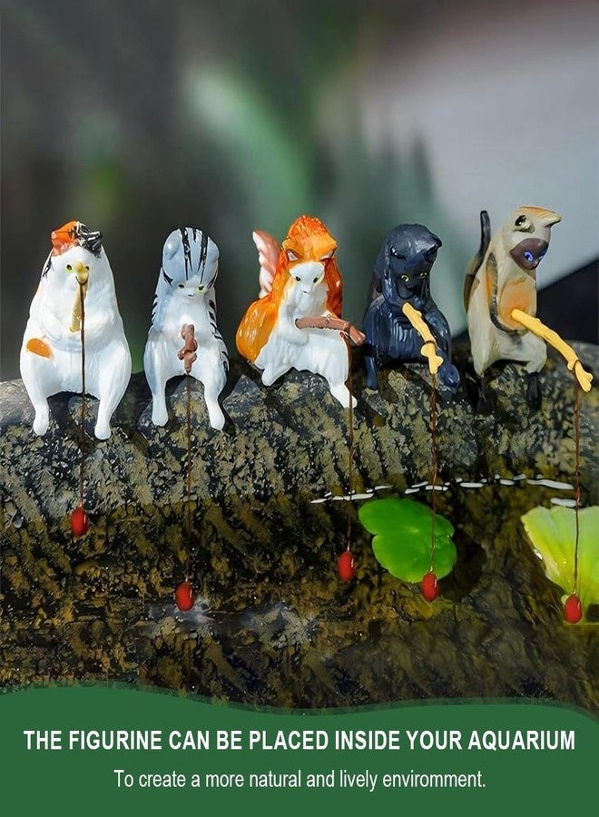 Qpets® Fish Tank Accessories, Cartoon Cat Figurines Fishing Kitty PVC Mini Sculptures Desk Decor & Aquarium Ornaments (5-Pack) - Image 2